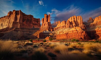 Wall Mural - majestic red rock formations under vibrant sunset sky with scattered clouds