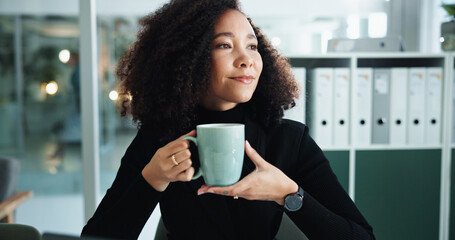 Wall Mural - Coffee, finance and thinking with accountant woman in office for start of morning bookkeeping. Accounting, break and drink with professional employee in workplace, planning for financial future