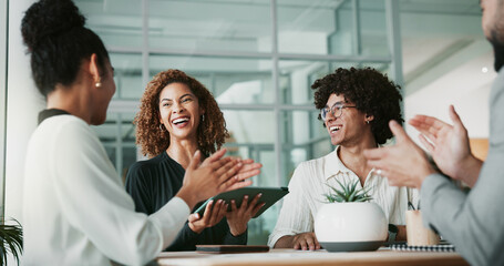 Poster - Woman, lawyer and applause at meeting with group, goals and celebration with success for legal case in office. People, attorney and tablet with team, achievement and happy for agreement at law firm
