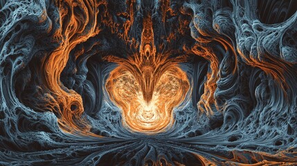 Poster - Abstract Fractal Landscape:  Swirling Blue and Orange  Cave
