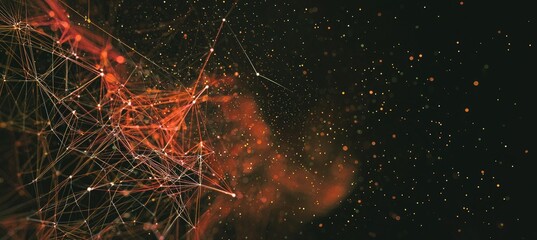 Poster - Abstract Network: Glowing Orange Lines and Particles in Dark Space