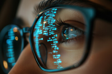 Poster -  man is looking at a computer screen with a blue screen that has a lot of code on it. The man is wearing glasses and he is focused on the screen