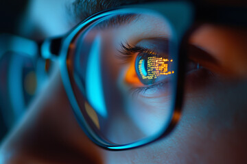 Aufkleber - woman's eye is reflected in a pair of glasses. Concept of introspection and contemplation, as the viewer is looking into the eye of the person in the glasses. The blue tint of the glasses