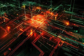Poster - Abstract digital cityscape with glowing orange and green lines, showcasing complex data streams.