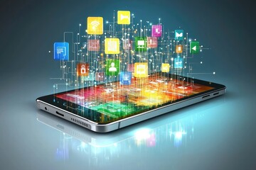 Poster - Smartphone Displaying Interconnected Colorful App Icons and Network Connections