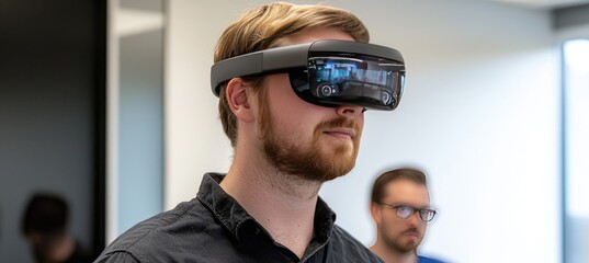 Poster - Red-haired man experiencing virtual reality in an office setting.