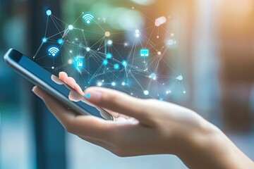 Poster - Woman's Hand Interacting with a Smartphone Showing a Network of Connections