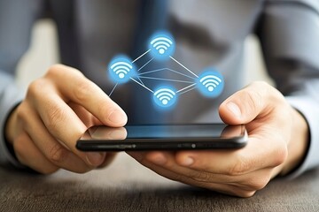 Poster - Man's Hands Holding Smartphone Displaying Wireless Network Connections