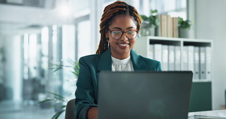 Poster - Smile, laptop and glasses with business woman in office for online, research or corporate governance specialist. Stakeholder email, crm manager and news with person in firm for report and compliance