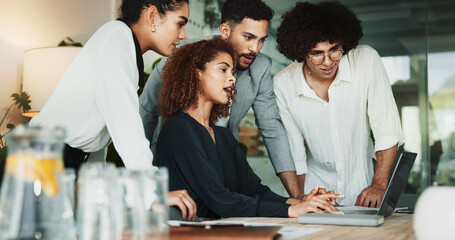 Poster - collaboration, laptop and project management with business team in office for graphic design discuss
