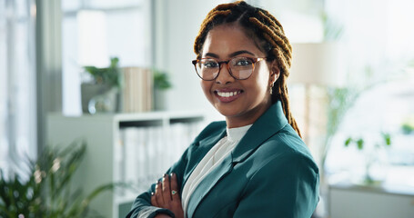 Wall Mural - Portrait, business and black woman with arms crossed, finance consultant and career ambition. African person, accounting and corporate professional in modern office, agency for tax advice and pride