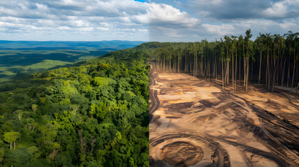 Wall Mural - split image showing a lush, vibrant rainforest on one side and a barren, deforested landscape on the