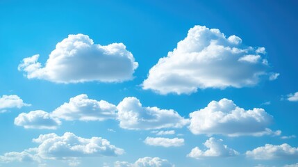Poster - Serene blue sky with fluffy white clouds creating a tranquil and bright atmosphere suitable for nature and relaxation themes.