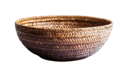 Poster - Traditional handcrafted wicker basket isolated on white background showcasing its intricate weaving and natural texture for decorative use.