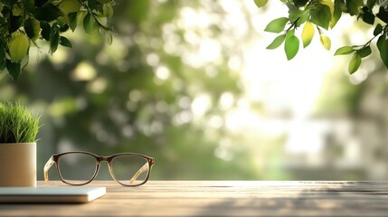 Poster - Blurred natural background with glasses and potted plant on a wooden desk creating a serene office workspace atmosphere