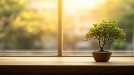 Poster - Serene indoor scene featuring a potted plant on a wooden desk with a blurred window view of greenery and warm sunlight filtering through.