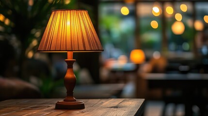 Poster - Elegant table lamp casting a warm glow in a cozy interior setting with blurred lights in the background creating a tranquil atmosphere