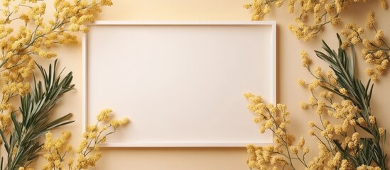Poster - Empty paper frames adorned with mimosa flowers on a beige background ideal for spring holiday invitations and personalized messages