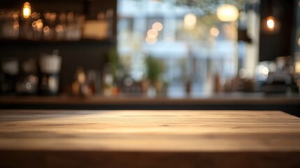 Poster - Modern kitchen interior with a focus on a wooden table and blurred background for a cozy and stylish atmosphere