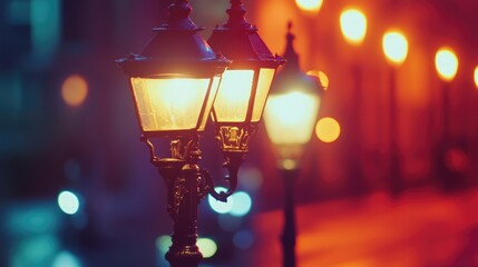 Poster - Retro street lamps illuminating a blurred urban night scene with colorful bokeh effect creating a dreamy nighttime atmosphere