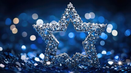 Poster - Glittering blue star decoration on shimmering background with bokeh lights creating a magical and festive atmosphere for celebrations