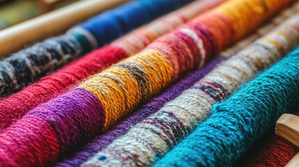 Poster - textiles and woven fabric close-up in vibrant colors displayed on a wooden loom background