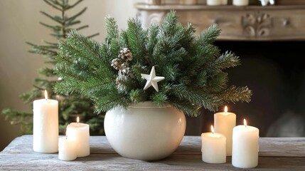 Poster - Festive arrangement of green spruce branches in a vase surrounded by white candles and star decoration creating a cozy interior ambiance