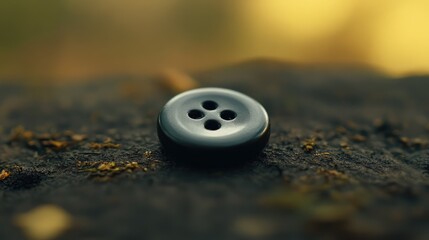 Poster - Close-up of a black four-hole button resting on a textured rock surface with a soft blurred background showcasing natural lighting.