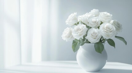 Poster - Elegant white roses in a modern vase showcasing minimalist decor and natural light emphasizing tranquility and sophistication in a bright setting