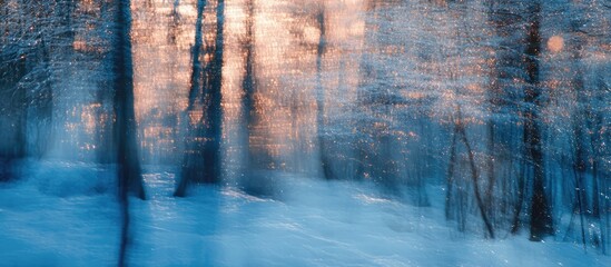 Poster - Magical winter landscape with a dreamy blur effect and shimmering glitter overlay creating an enchanting atmosphere in a snowy forest.