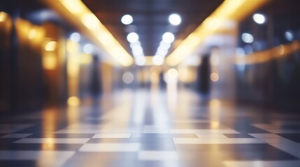Poster - Blurred corridor perspective with soft lighting and reflective floor creating a serene and modern atmosphere for architectural concepts