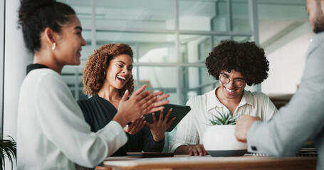 Poster - Business people, applause and meeting with group, startup and celebration with success for legal case in office. Men, women and tablet with announcement, achievement and happy with deal at law firm