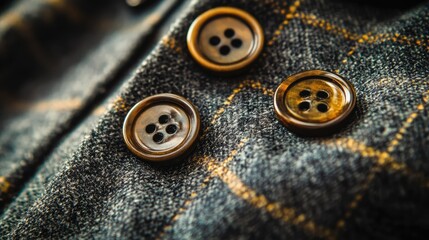 Poster - Close-up macro shot of vintage jacket buttons on a textured fabric sleeve showcasing craftsmanship and design details