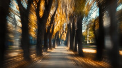 Poster - Autumn blurred alley in a park with vibrant trees creating a dreamy seasonal atmosphere through motion effect and perspective.