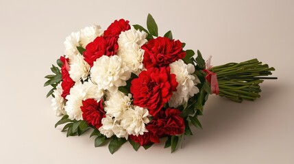 Poster - Colorful bouquet of red and white flowers with green leaves arranged elegantly on a light background showcasing floral beauty and freshness.