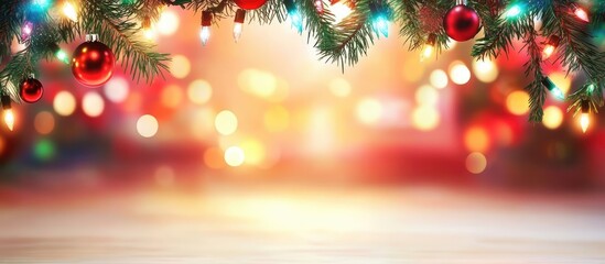 Poster - Festive Christmas background with soft bokeh lights and decorative branches creating space for your custom text or message