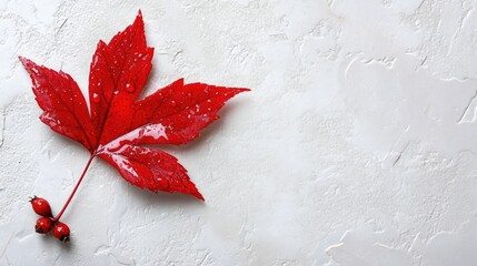 Poster - Vibrant red leaf with droplets on a light textured background ideal for nature themed designs and text placement