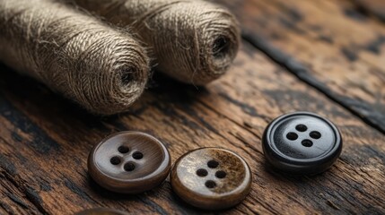 Poster - Sewing buttons and thread spools on rustic wooden background for crafting and textile design concepts