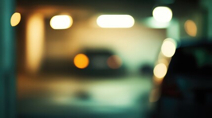 Poster - Abstract blurred background of a garage with soft lighting perfect for illustrating automotive articles or reports on underground parking.