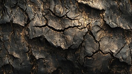 Poster - Textured bark of an ancient tree showcasing intricate natural patterns and deep cracks illuminated by soft golden light