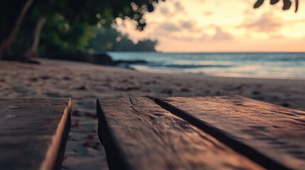 Poster - Serene blurred beach at sunset with wooden plank for product placement and promotional displays
