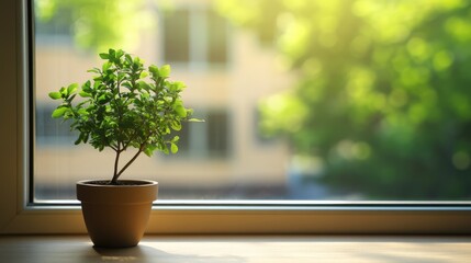 Poster - Tranquil indoor scene of potted plant on sunlit desk with blurred window view of greenery outside creating a serene atmosphere.