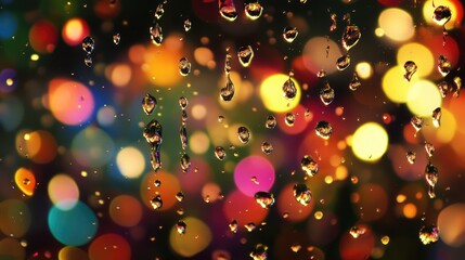 Poster - Colorful bokeh background with water droplets on glass creating a vibrant and artistic ambiance for creative designs and presentations.