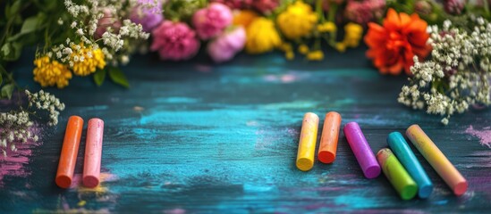 Poster - Chalk sticks and colorful flowers arranged on a vibrant painted surface creating a cheerful artistic composition