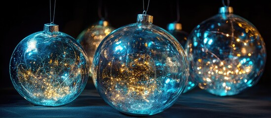 Poster - Transparent Christmas ornaments with glowing lights creating a magical holiday ambiance on a dark background