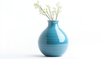 Poster - Blue ceramic vase with white flowers arranged elegantly on a minimalist white background showcasing modern decor and aesthetic beauty