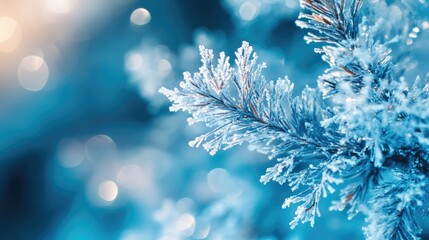 Poster - Icy macro close-up of frost-covered pine branches against a blurred winter background in serene blue tones evoking a tranquil forest atmosphere