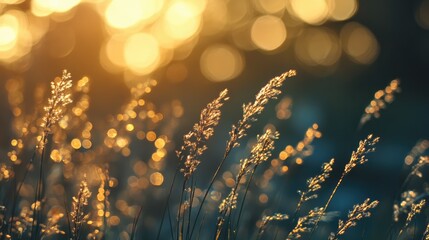 Poster - Golden sunset bokeh with soft blurred grass silhouettes creating a tranquil and warm ambiance in nature illustration.