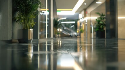 Poster - Interior shopping center corridor with blurred background and reflections on polished floor featuring greenery and modern design elements.
