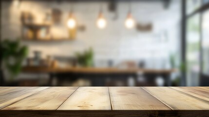 Poster - Modern kitchen interior with wooden table and blurred background showcasing warm lighting and cozy atmosphere